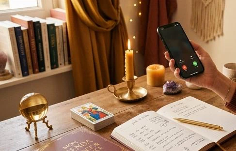 Téléphone posé dans un espace de consultation Mon Avenir Voyance avec cartes et carnet